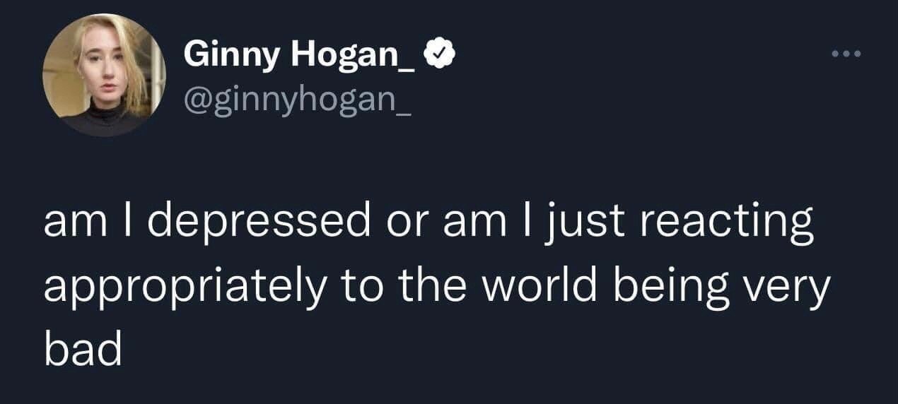 This is a screenshot of a public post from the X (formerly Twitter) platform, shared by verified user Ginny Hogan. The post text poses a relatable, humorous rhetorical question: 'am I depressed or am I just reacting appropriately to the world being very bad', which resonates with widespread discourse around mental health and shared negative sentiment about current global events. The screenshot includes the user's blonde profile photo, display name, white verified checkmark, and handle @ginnyhogan_, displayed against X's dark mode navy background.