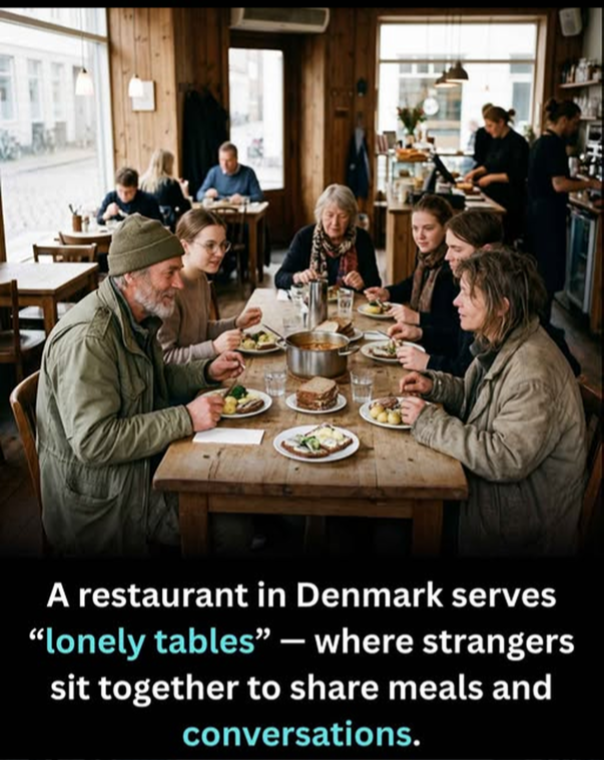 The image features a photograph of the interior of a cozy, rustic wood-decorated restaurant in Denmark. A group of unrelated strangers are seated around a large, shared wooden table, all eating meals with relaxed, pleasant expressions. Other diners sit at smaller tables in the background, and restaurant staff are visible working behind the service counter. Below the photograph, text overlays explain the restaurant's unique 'lonely tables' concept, which invites people dining alone to sit together at shared tables to enjoy both food and casual conversation with other strangers, reducing social isolation for lone diners.