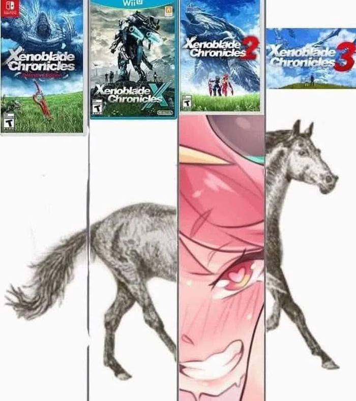 A collage meme featuring four Xenoblade Chronicles game covers (including titles for Wii U and Switch platforms) arranged in the top row, showcasing iconic artwork from the series. The bottom row contains a pencil sketch of a walking horse with an overlaid anime-style face—characterized by large pink eyes, pink hair, and a smiling expression—blending humorously with the horse's head. The contrast between official gaming artwork and the absurd, unexpected anime face creates a lighthearted, meme-like effect.