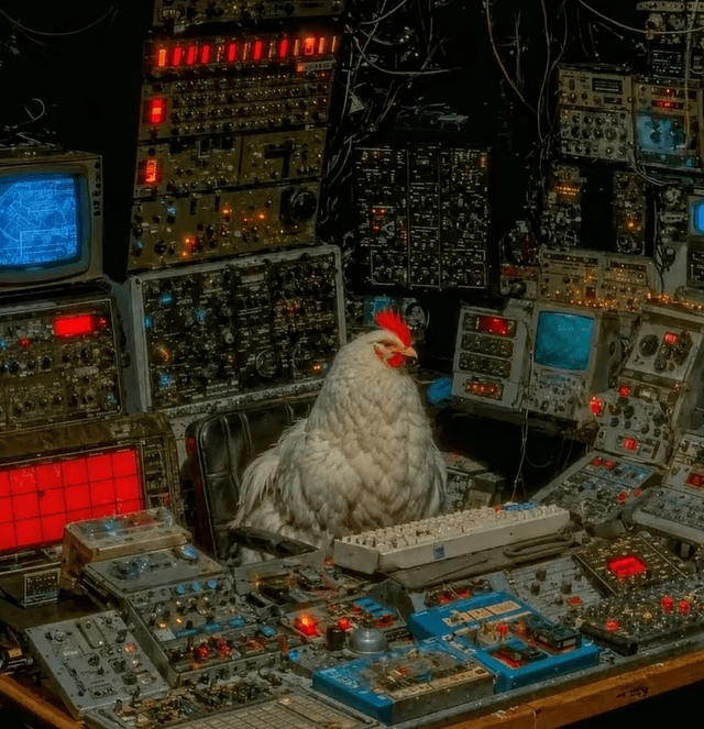 This meme features a white domestic chicken sitting in a black leather chair at a desk completely covered in extremely complex, vintage electronic control equipment, including CRT monitors, oscilloscopes, rows of knobs, switches, indicator lights, and a keyboard. The chicken appears completely out of its depth in the highly technical setting, which serves as a visual joke representing someone who has overstated their qualifications on their resume and is now faced with a job they are entirely unqualified to perform on their first day of work.
