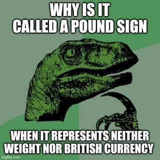 A meme featuring a green, stylized dinosaur head (resembling a T-Rex) with a neutral expression, set against a solid green background. The meme includes bold, white uppercase text at the top and bottom: 'WHY IS IT CALLED A POUND SIGN' and 'WHEN IT REPRESENTS NEITHER WEIGHT NOR BRITISH CURRENCY'. The bottom-left corner has a small 'imgflip.com' watermark, indicating the meme creation platform.