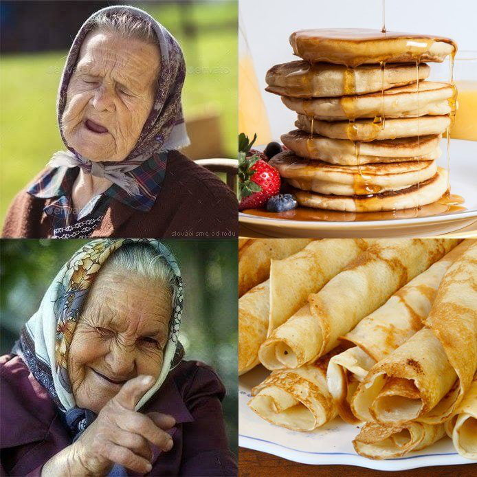 A 2x2 grid collage featuring two elderly women and two food items. Top-left: An elderly woman wearing a plaid headscarf and dark clothing, seated outdoors with a neutral expression against a green background. Top-right: A tall stack of golden-brown pancakes drizzled with syrup, garnished with fresh strawberries and blueberries on a white plate. Bottom-left: Another elderly woman (likely the same individual) with a floral headscarf, smiling and pointing with her index finger, suggesting approval or amusement. Bottom-right: A plate of neatly rolled crepes with a golden-brown exterior, arranged in a pile. The collage evokes a wholesome, homey theme centered on homemade food and grandmotherly warmth.