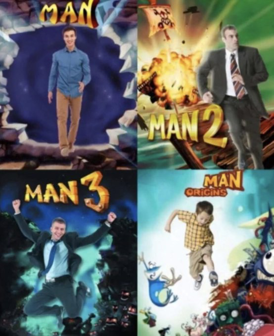 This is a 4-panel collage parody meme that edits photos of the same man at different life stages onto official cover art of the Ubisoft Rayman video game franchise, replacing the main character Rayman. The top left panel is styled after the first Rayman game, titled 'MAN', showing a young adult man in casual clothes standing in the Rayman 1 cover background. The top right panel parodies Rayman 2, titled 'MAN 2', showing the man in a business suit running away from an explosion. The bottom left panel parodies Rayman 3, titled 'MAN 3', showing the man in a suit cheering excitedly with his arms raised. The bottom right panel parodies Rayman Origins, titled 'MAN ORIGINS', showing a photo of the man as a young child running. The joke uses the typical video game sequel naming format to represent the phases of a man's life from childhood to adulthood, career, and success.