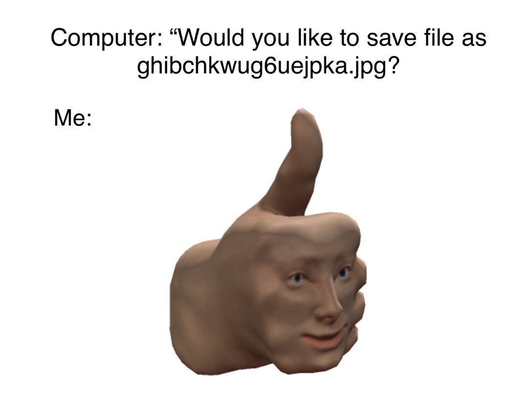 This is a single-panel relatable tech meme. The top text displays a computer prompt asking the user if they want to save a file under a completely random, unreadable gibberish filename: ghibchkwug6uejpka.jpg. Below the label 'Me:', there is a surreal 3D rendered graphic of a thumbs-up hand with a human face molded into its surface, giving a slightly awkward, resigned positive expression. The joke references the extremely common experience of internet users not bothering to rename files when saving them online, just accepting whatever nonsensical default filename the system provides.
