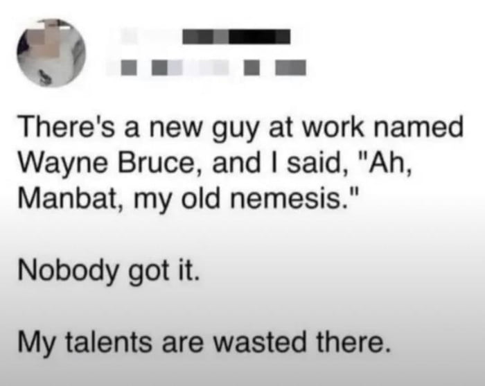 A text-based meme featuring a workplace anecdote where the narrator encounters a new coworker named Wayne Bruce and jokingly refers to him as "Manbat, my old nemesis," a pun referencing the Batman villain Man-Bat (Dr. Kirk Langstrom). The punchline reveals nobody understood the joke, leading the narrator to lament, "My talents are truly wasted there," highlighting the frustration of unappreciated humor in a professional environment.