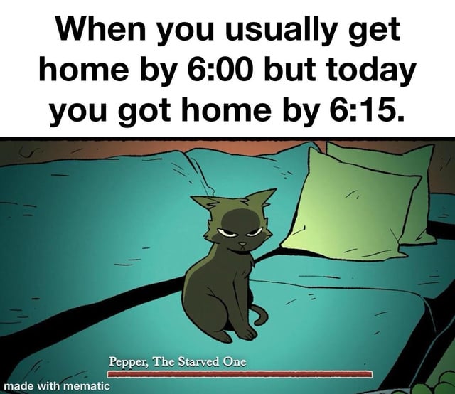 A meme consisting of a top text caption and an image. The top text reads: 'When you usually get home by 6:00 but today you got home by 6:15.' Below the text is an image of a black cat named 'Pepper, The Starved One' sitting on a blue bed with green pillows. The cat has an angry, judgmental expression with narrowed eyes, implying it is upset about being fed late, personifying the feeling of a pet reacting to its owner's tardiness.
