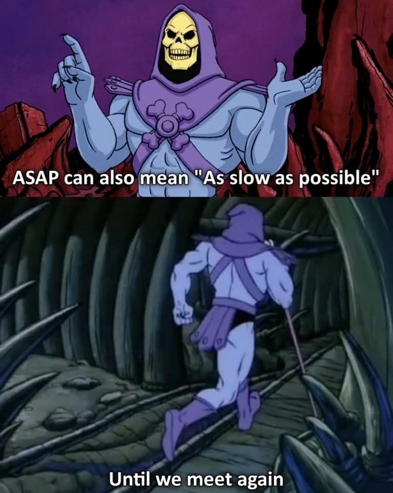 This is a two-panel reaction meme. The top panel features the animated character Skeletor, a muscular figure with a skull face wearing purple hooded armor, grinning smugly while gesturing with both hands to make a point, overlaid with text redefining the common acronym 'ASAP' as 'As slow as possible' instead of its usual meaning 'As soon as possible'. The bottom panel shows Skeletor walking away down a dark, spiky stone corridor with his back turned to the viewer, with overlaid text reading 'Until we meet again'. The joke sarcastically expresses procrastination, reluctance to complete requests quickly, or mocking overly urgent task demands, with Skeletor exiting immediately after delivering his snarky comment.