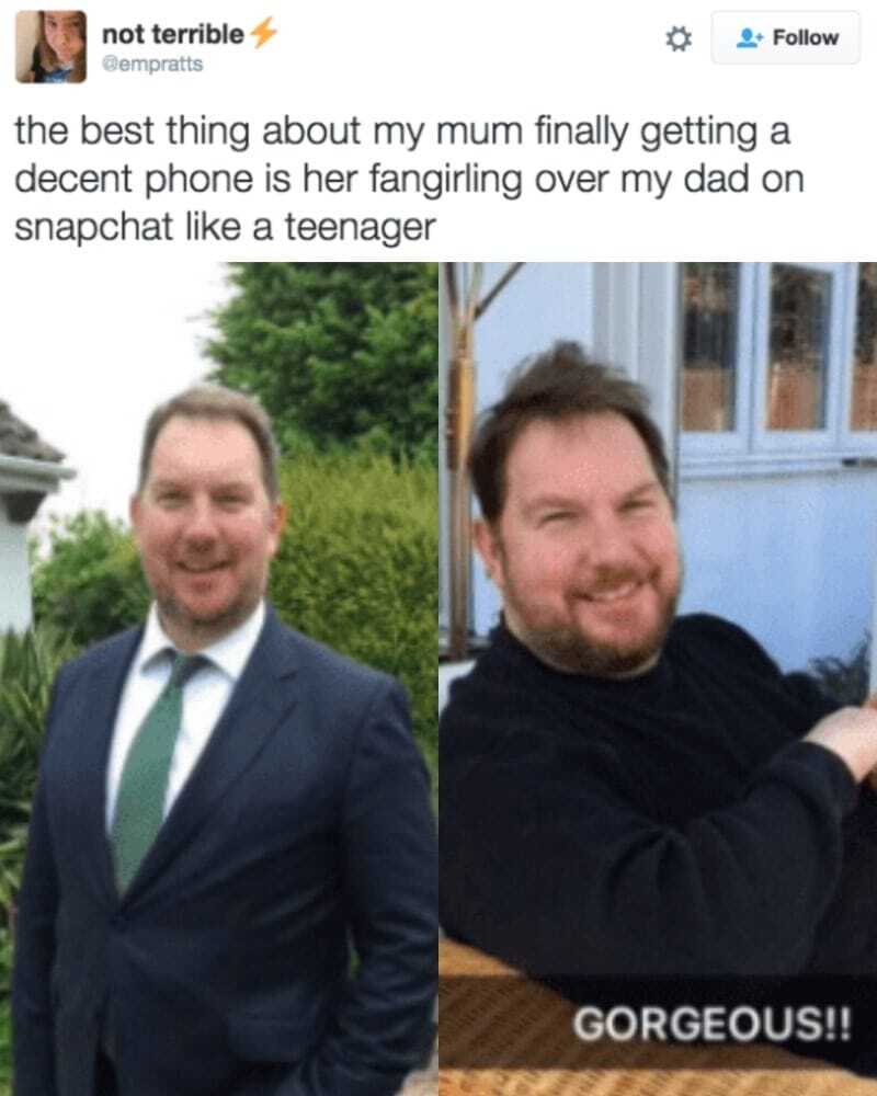 A screenshot of an X.com (Twitter) post by user 'not terrible ⚡' (@empratts) sharing a wholesome anecdote: 'the best thing about my mum finally getting a decent phone is her fangirling over my dad on snapchat like a teenager'. Below the text are two photographs of the dad: one showing him outdoors in a blue suit with a green tie, smiling warmly against a backdrop of greenery; the other showing him in a black sweater, smiling in front of a blue building with wooden window frames. The post highlights a heartwarming family dynamic where the mother uses new technology to express affection for her husband.