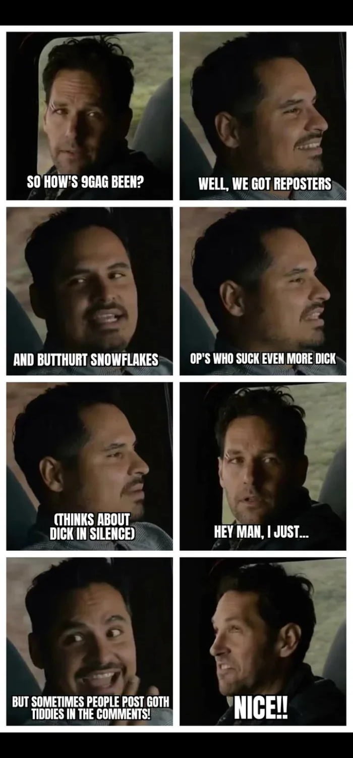 An 8-panel meme depicting two men in a car having a sarcastic conversation about 9GAG. The dialogue includes complaints about reposters, 'butthurt snowflakes,' and incompetent OPs, with a humorous pivot to mentioning 'Goth tiddies in the comments' as a positive, ending with the exclamation 'NICE!!'.