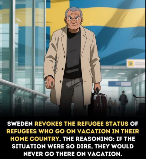 An animated meme featuring an older man with a serious expression, wearing a beige coat and holding a dark suitcase, walking through an airport terminal. In the background, a large Swedish flag is visible, indicating a connection to Sweden. The bottom of the image contains bold text stating: 'SWEDEN REVOKES THE REFUGEE STATUS OF REFUGEES WHO GO ON VACATION IN THEIR HOME COUNTRY. THE REASONING: IF THE SITUATION WERE SO DIRE, THEY WOULD NEVER GO THERE ON VACATION.' The scene combines an airport setting with political commentary on refugee policy.