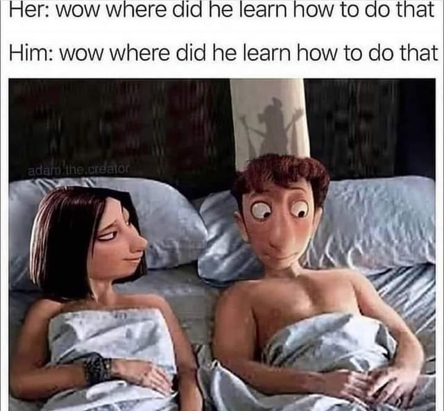A meme featuring two animated characters, Flint Lockwood and Sam Sparks from the movie 'Cloudy with a Chance of Meatballs,' lying in bed under blue blankets. Both characters are positioned side by side, with the female character (Sam) on the left and the male character (Flint) on the right. Above them is text displaying identical dialogue: 'Her: wow where did he learn how to do that' and 'Him: wow where did he learn how to do that,' creating a humorous effect of both asking the same question simultaneously, likely implying they are referring to a third party's unexpected skill or ability.