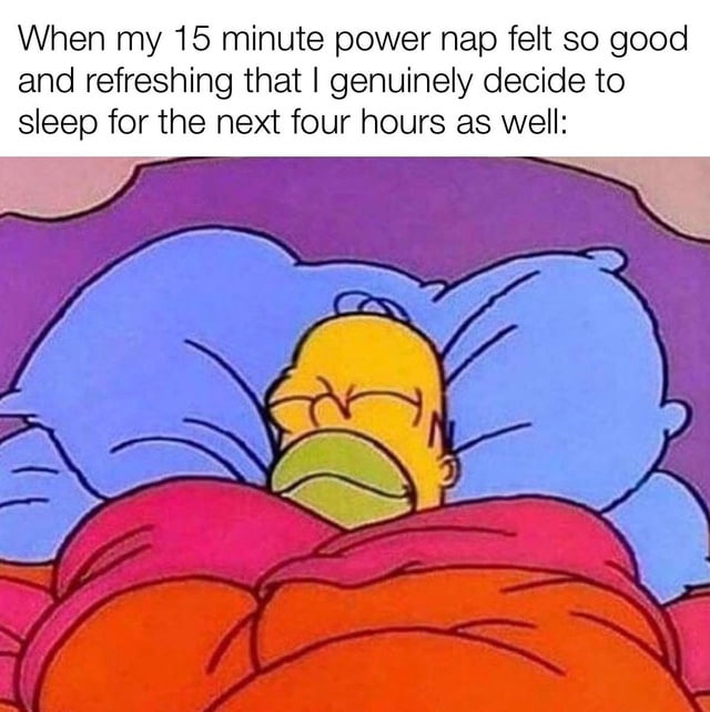 This is a single-panel relatable meme. The top section features text describing the common experience of taking a short 15-minute power nap that feels so pleasant that the person decides to extend their sleep by 4 more hours. Below the text is a still frame from the animated series *The Simpsons*, showing Homer Simpson lying contentedly in bed, eyes closed, tucked under blankets with pillows behind his head, perfectly illustrating the comfortable, relaxed state of someone who does not want to get up after a good nap, matching the lazy Sunday theme of the original post title.