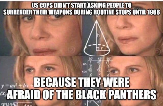 A meme composed of a repeated image of a woman with a neutral expression, divided into sections with bold text overlays. The top text states 'US COPS DIDN'T START ASKING PEOPLE TO SURRENDER THEIR WEAPONS DURING ROUTINE STOPS UNTIL 1968', and the bottom text continues 'BECAUSE THEY WERE AFRAID OF THE BLACK PANTHERS'. Between the text sections, there are math-related visuals including a triangle labeled with height (h) and radius (r), trigonometric values for sine and cosine at 30°, 45°, and 60°, and a quadratic equation 'y = ax² + bx'. The watermark 'imgflip.com' is visible in the bottom left corner.
