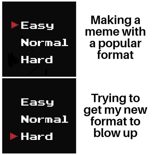 This is a two-panel meta-comparison meme about meme creation, using a retro video game difficulty selection menu format. The left column of both panels shows a pixel-art difficulty selector common in old games. In the top panel, the selector is pointed at 'Easy' difficulty, paired with the right-side text describing the activity: 'Making a meme with a popular format'. In the bottom panel, the selector moves to point at 'Hard' difficulty, paired with the right-side text: 'Trying to get my new format to blow up'. The joke highlights that it is simple and low effort to make a meme using an already popular, established meme format, but creators who make new original formats find it extremely difficult to get their new format to go viral, which is a relatable struggle for online meme creators.