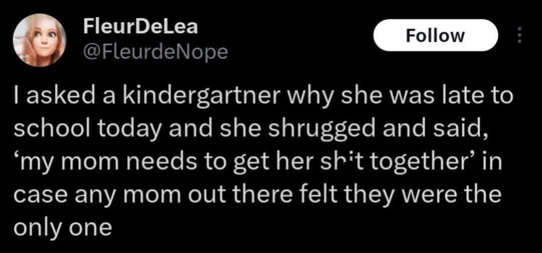 This image is a screenshot of a public post from X (formerly Twitter). The post, written by user FleurDeLea (@FleurdeNope), shares a lighthearted, relatable parenting anecdote: the poster asked a young kindergartener why she arrived late to school, and the child shrugged and responded bluntly 'my mom needs to get her shit together'. The post closes by noting this story is for any other mother who feels like they are the only one struggling to stay organized for daily tasks like school drop-offs. A stylized, cartoon-like female profile picture for the poster is visible in the top left, alongside a standard X platform 'Follow' button in the top right corner.