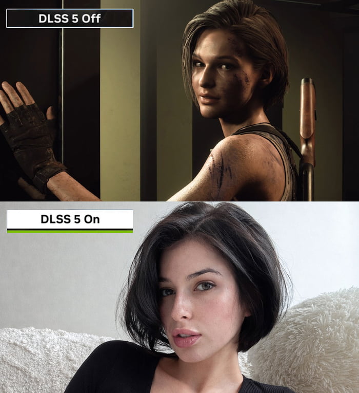 This is a two-panel comparison meme that makes an exaggerated comedic joke about NVIDIA's DLSS AI upscaling technology for PC gaming. The top panel, labeled 'DLSS 5 Off', shows the 3D rendered in-game model of Jill Valentine from the *Resident Evil* remake series, representing the default in-game graphics. The bottom panel, labeled 'DLSS 5 On', shows a real-life woman with a short dark hairstyle that closely resembles Jill Valentine. The joke hyperbolizes the capabilities of the unreleased DLSS 5, implying it improves graphics so much that it turns a video game character into a real-life person, poking fun at marketing hype for improving AI upscaling technology.