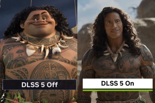This is a side-by-side comparison meme that jokes about Disney's ongoing trend of turning animated classic films into live-action remakes, specifically the upcoming live-action *Moana*. The left side features the original animated Maui from Disney's *Moana*, labeled as 'DLSS 5 Off', while the right side shows Dwayne 'The Rock' Johnson (who voiced the original animated Maui) as the live-action version of Maui, labeled 'DLSS 5 On'. The joke compares the jump from animation to live-action to NVIDIA's DLSS upscaling technology that improves video game graphics, leaning into the coincidence that animated Maui was already modeled after Dwayne Johnson's likeness.