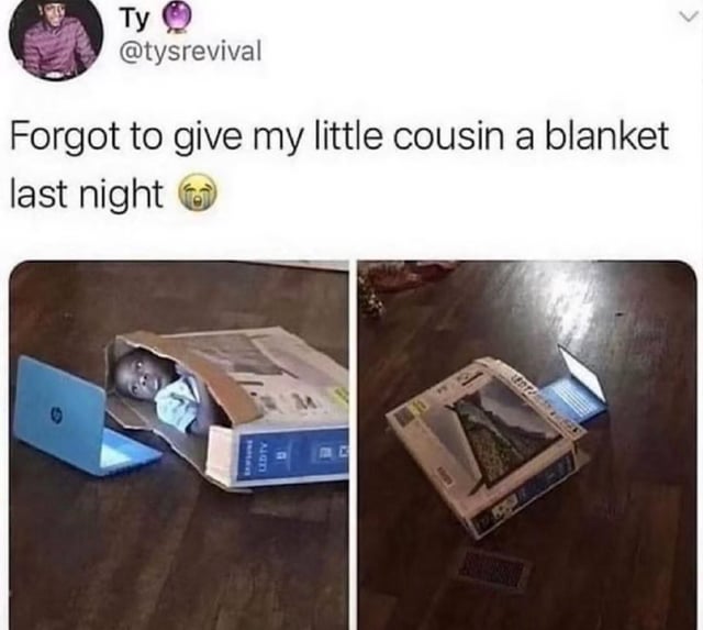 This is a two-panel screenshot of a Twitter post. The top of the screenshot shows the poster's display name Ty, username @tysrevival, and post text that reads 'Forgot to give my little cousin a blanket last night 😭'. The left panel is a close-up of a young Black child lying on a dark wooden floor, partially wrapped in a piece of cardboard next to an open light blue HP laptop, looking up at the camera. The right panel shows the same scene from a farther, higher angle, revealing the cardboard is the packaging insert for a flat-screen TV, making the child look like he is packaged inside the TV box as if he is a displayed product. The humor comes from the unexpected perspective shift that makes the child look like he is being treated like discarded merchandise, matching the Reddit repost title 'did lil bro dirty'.