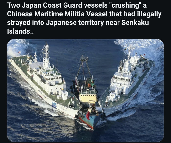 The image includes a text caption at the top stating that two Japan Coast Guard vessels are "crushing" a Chinese Maritime Militia Vessel that illegally entered Japanese territory near the Senkaku Islands. Below the text, an aerial photograph shows two large, white Japan Coast Guard ships flanking and squeezing a smaller, blue and yellow civilian-style vessel identified as the Chinese militia vessel between them, as all three vessels sail on open ocean with visible white wakes from their movement.