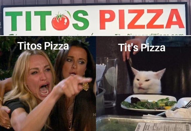 This is a pun-based meme using the popular 'Woman Yelling at Cat' format. The top of the image displays a real store sign for Tito's Pizza, where the letter 'o' in 'Tito's' is replaced with a graphic of a red tomato, creating a visual that can be misread as 'Tit's Pizza'. The left panel shows a yelling woman (Taylor Armstrong from *The Real Housewives of Beverly Hills*) pointing aggressively, labeled 'Titos Pizza', representing the official, intended reading of the store name. The right panel shows the unimpressed Smudge the Cat sitting at a dinner table, labeled 'Tit's Pizza', representing the crude, suggestive alternative reading of the sign. The meme's original title 'Le Tits now' is a phonetic pun on the phrase 'Let's now', leaning into the crude double meaning of the sign's visual design.