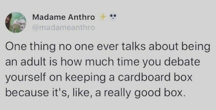 This image is a screenshot of a public tweet from the X (formerly Twitter) platform. The post humorously points out a common underdiscussed experience of adulthood: spending significant time internally debating whether to keep a random cardboard box, simply because the box seems well-made and potentially useful for a future purpose, a feeling most adults can relate to.