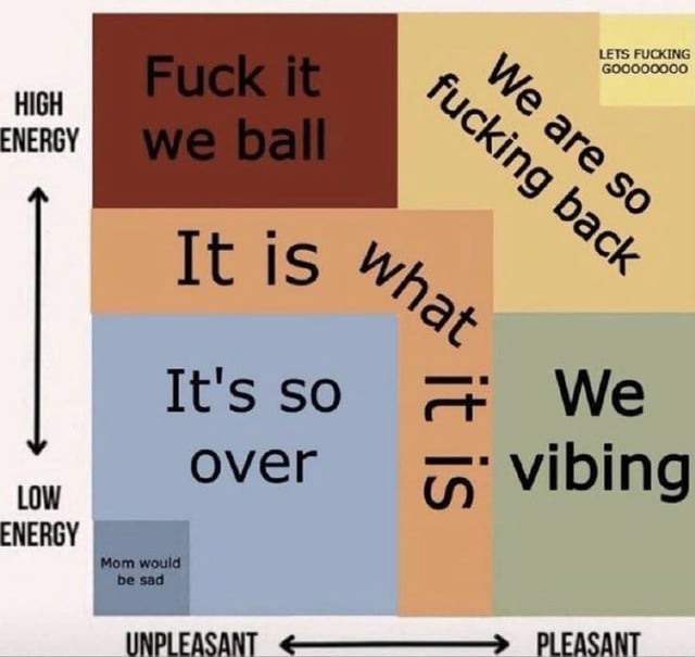 This meme is a humorous parody of standard 2-axis mood categorization charts, intentionally designed with non-euclidean geometric distortion for comedic effect. The chart uses two axes: one vertical axis measuring energy from low to high, and one horizontal axis measuring emotional valence from unpleasant to pleasant. Instead of clean, evenly divided quadrants, the grid is warped, overlapped, and irregularly shaped, with text angled to match the distorted layout. Each irregular section contains popular internet slang phrases corresponding to general mood states: high energy unpleasant is labeled 'Fuck it we ball', a warped overlapping section spanning neutral energy and valence reads 'It is what it is', low energy unpleasant is labeled 'It's so over' with a smaller subtext reading 'Mom would be sad', high energy pleasant reads 'We are so fucking back' with a small corner note saying 'LETS FUCKING GOOOOOOO', and mid-to-low energy pleasant is labeled 'We vibing'. The joke hinges on the contrast between the expectation of a neat, rigid categorization system and the messy, overlapping reality of human moods, framed as a 'non-euclidean' system that does not follow standard flat plane geometry rules.
