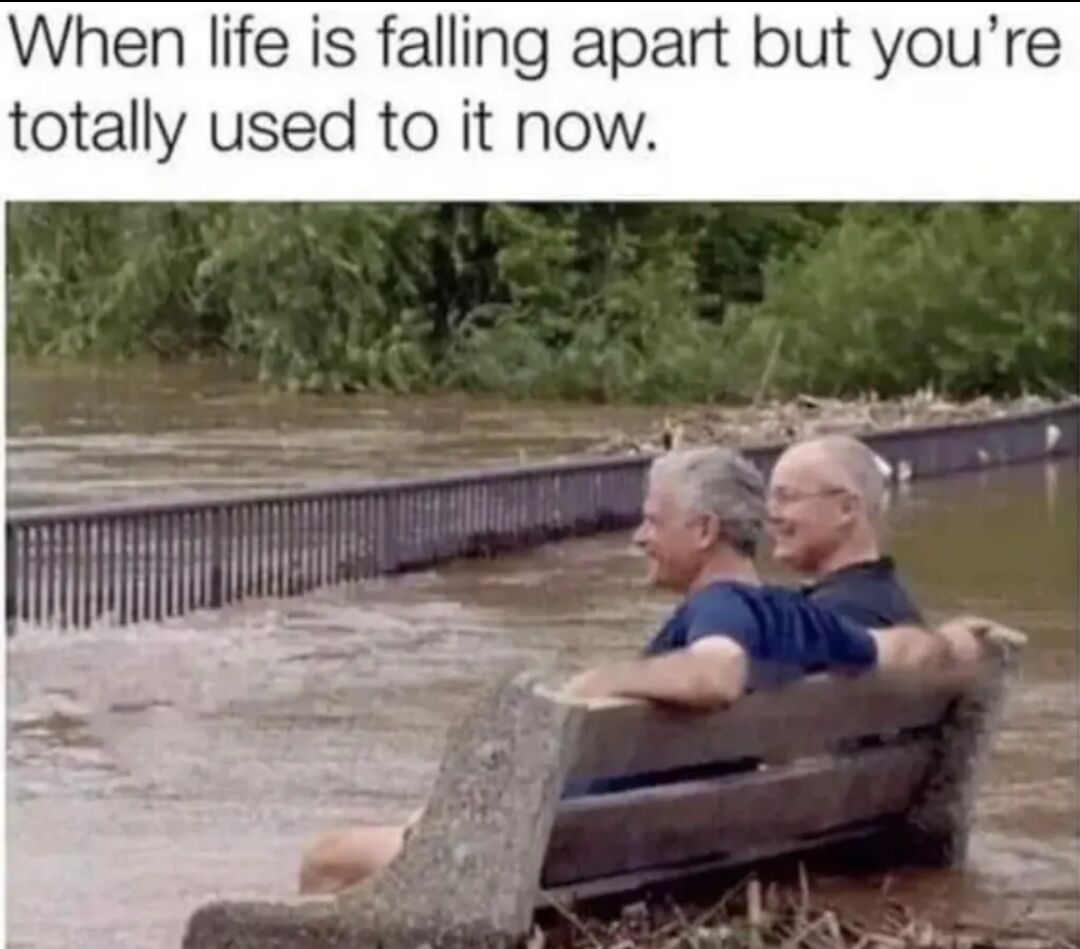 The meme consists of a text header placed above a real photograph. The header text reads 'When life is falling apart but you're totally used to it now.' The photograph shows two elderly men sitting comfortably and smiling on a wooden park bench that is partially submerged in muddy floodwater. Behind them, a metal railing is also half-submerged, with flooded terrain and dense green foliage visible in the background. The humor comes from the stark contrast between the dangerous, disruptive flood event and the men's completely relaxed, unbothered demeanor, which acts as a visual metaphor for becoming desensitized to repeated hardship and chaos in everyday life.