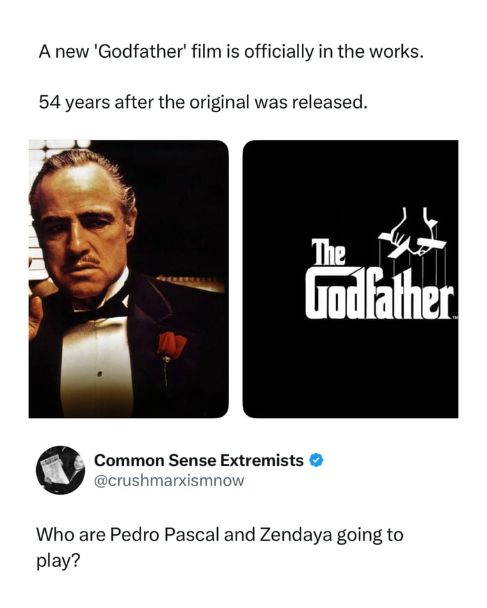 This meme plays on the sentiment that Hollywood lacks original creative output, matching the original source title 'Evil cannot create anything new'. It opens with text stating that a new 'Godfather' film is officially in development 54 years after the original 1972 film was released. It then displays a still of Marlon Brando as Vito Corleone from the original Godfather next to the official The Godfather franchise logo. Below that, a snippet of a post from X (formerly Twitter) user @crushmarxismnow (display name Common Sense Extremists) sarcastically asks 'Who are Pedro Pascal and Zendaya going to play?', mocking the common modern Hollywood trend of casting popular current A-list actors in classic franchise reboots, and implying frustration with the lack of original film projects being produced.