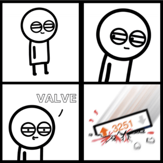 A four-panel comic featuring a simple stick figure character. Panel 1: Stick figure with neutral expression standing still. Panel 2: Same character with slight posture change, maintaining neutral expression. Panel 3: The word 'VALVE' displayed above the character, who now looks towards the text. Panel 4: A price tag with '-3251' and motion lines indicating a sharp drop, with the character gazing at the tag, expression shifting to concern. The comic humorously depicts a reaction to a significant price decrease associated with Valve.