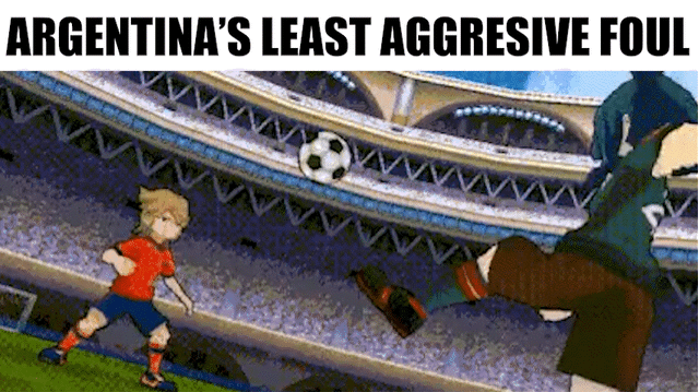 This animated meme uses over-the-top fantastical soccer action footage from a Japanese sports anime, showing an extremely forceful tackle where one player launches an opposing player and the soccer ball flying all the way across a stadium at high speed. The repeated text "ARGENTINA'S LEAST AGGRESIVE FOUL" accompanies the action, serving as a sarcastic joke that exaggerates and mocks the popular reputation of the Argentina national football team for committing frequent, physically aggressive fouls during matches, implying that even their tamest fouls are as absurdly violent as the supernatural, exaggerated plays featured in the anime.