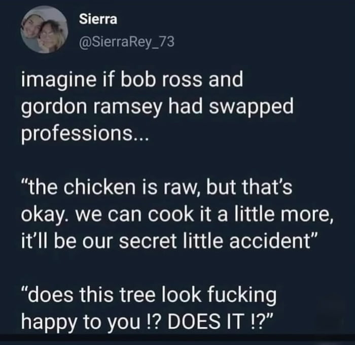 A screenshot of a social media post by user Sierra (@SierraRey_73) that humorously imagines Bob Ross and Gordon Ramsay swapping professions. The post begins with the prompt 'imagine if bob ross and gordon ramsey had swapped professions...' followed by two contrasting quotes. The first quote mimics Bob Ross's signature calm, reassuring tone, saying 'the chicken is raw, but that's okay. we can cook it a little more, it'll be our secret little accident'—a line one might expect from Ross if he were a chef. The second quote parodies Gordon Ramsay's aggressive, expletive-laden style, yelling 'does this tree look fucking happy to you !? DOES IT !?'—as if Ramsay were a painter critiquing a tree. The comedy arises from the stark contrast between Ross's gentle persona and Ramsay's fiery one, placed in unexpected professional contexts.