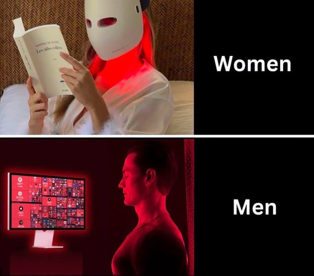 This is a two-panel comparison meme themed around red light therapy. The top panel is labeled 'Women' and depicts a woman relaxing while reading a book, wearing a commercial, purpose-made red light therapy face mask that emits red light onto her skin as a wellness/skincare treatment. The bottom panel is labeled 'Men' and depicts a man sitting in front of a brightly glowing all-red computer monitor, which casts the same type of red light onto his face. The humorous point of the meme is the juxtaposition of women using a specialized, marketed skincare product for red light therapy, while men get equivalent red light exposure as an accidental side effect of using a customized bright red PC setup.