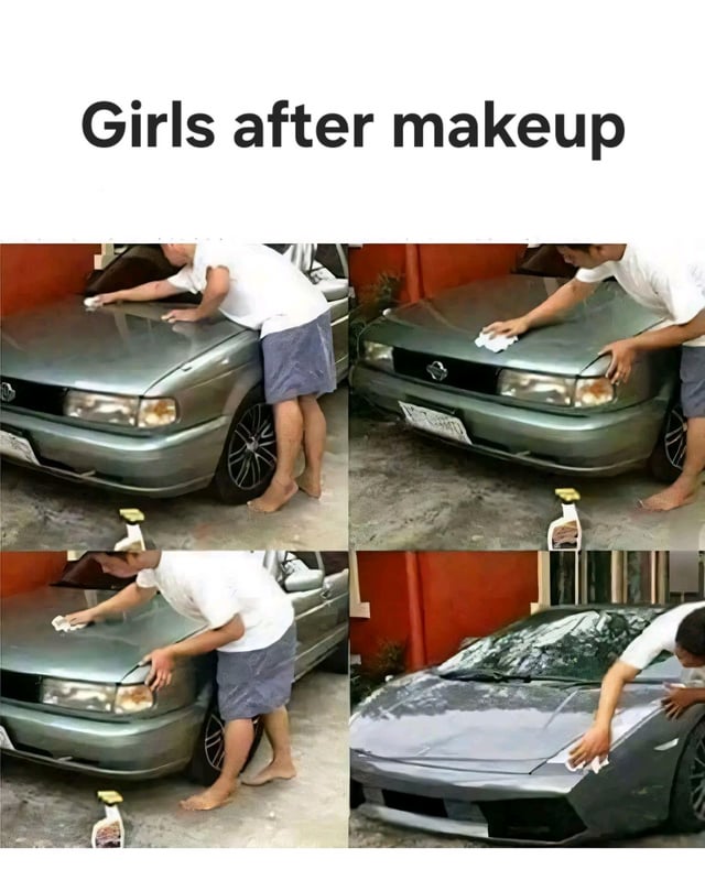 This is a 4-panel collage meme. The top of the meme displays the text "Girls after makeup". The first three panels show a barefoot man in a white t-shirt and grey shorts wiping the hood of an old, plain grey 4-cylinder Nissan sedan with a cleaning cloth, with a spray cleaning bottle placed on the ground next to the vehicle. The fourth panel reveals that after the man finishes wiping the front of the car, the ordinary sedan has been drastically transformed into a sleek, high-performance V10 sports car. The joke draws a parallel between the extreme, unlikely transformation of the car and the large change in appearance many people have after applying makeup, playing on the common observation that makeup can significantly alter a person's look.