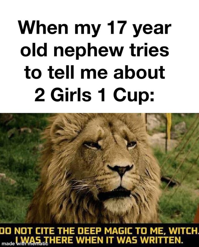 A meme structured as an image macro with two text sections and a central photograph. The top text reads: 'When my 17 year old nephew tries to tell me about 2 Girls 1 Cup:'. Below is a close-up photograph of a real lion with a serious, unimpressed expression, set against a grassy background. Overlaid on the lion image is bold yellow text: 'DO NOT CITE THE DEEP MAGIC TO ME, WITCH. I WAS THERE WHEN IT WAS WRITTEN.' The humor stems from the contrast between the nephew's attempt to explain the outdated internet shock video '2 Girls 1 Cup' (viral in 2007) and the lion's authoritative response, parodying Aslan's line from 'The Chronicles of Narnia' to imply the uncle was present during the video's original popularity, mocking the nephew's assumption of novelty.