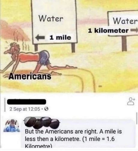 This meme is composed of two parts: the top section is a cartoon depicting a person labeled 'Americans' crawling exhausted through a hot desert. Two road signs stand in front of them: one pointing left indicates water is 1 mile away, and one pointing right indicates water is 1 kilometer away. The person is crawling towards the 1 mile option, playing on the common stereotype that Americans exclusively use the imperial measurement system and avoid metric. Below the cartoon is a screenshot of a social media comment that attempts to defend the American choice, stating 'But the Americans are right. A mile is less then a kilometre. (1 mile = 1.6 Kilometre)', which is ironically contradictory, as 1 mile being equal to 1.6 kilometers means a mile is longer than a kilometer, making the American choice the worse, longer distance option for reaching water.