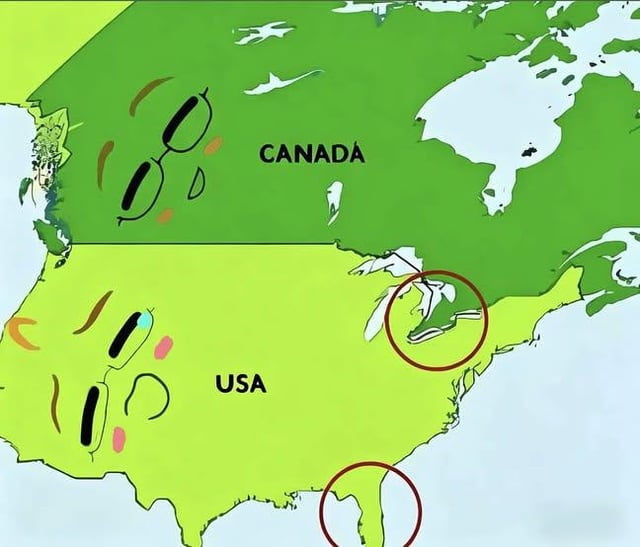 This is a humorous anthropomorphized map of North America featuring Canada and the contiguous United States. Both country shapes are drawn with cute blushing cheeks and wear sunglasses, giving them a casual 'bro' vibe. Two red circles are placed on the map: one around the southern protruding tip of Florida, USA, and another around the southernly protruding section of Canada bordering the Great Lakes above the eastern United States. The visual joke relies on the suggestive placement of these two protrusions, making it look like the USA is groping Canada, leading to the meme's title questioning the USA's behavior as a fellow 'bro'.
