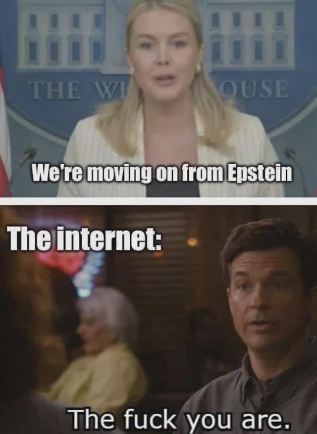 This is a two-panel reaction meme. The top panel depicts White House Press Secretary Karoline Leavitt speaking at an official White House press briefing, overlaid with the text 'We're moving on from Epstein', referencing official attempts to end public discussion of the Jeffrey Epstein scandal and associated unresolved questions. The bottom panel features a widely used reaction shot of Jason Bateman as his character Marty Byrde from the show Ozark, looking unimpressed and confrontational, labeled 'The internet:' followed by the response 'The fuck you are.' The joke highlights the collective refusal of internet users to drop discussions and demands for transparency related to the Epstein case, despite official statements asking the public to move past the topic.