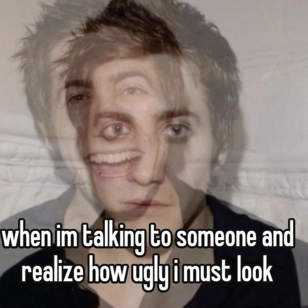This meme features a double-exposed, glitchy image of a young man's face with overlapping facial features, including multiple eyes and two overlapping mouths (one with an awkward smile, one neutral and stressed) that create a distorted, disoriented visual effect. At the bottom of the image, white text with a black outline reads "when im talking to someone and realize how ugly i must look". The joke uses relatable self-deprecating humor: the distorted face visually represents the sudden, awkward self-consciousness and overthinking people experience mid-conversation when they become hyper-aware of their own appearance and cringe at how they assume they look to the other person.