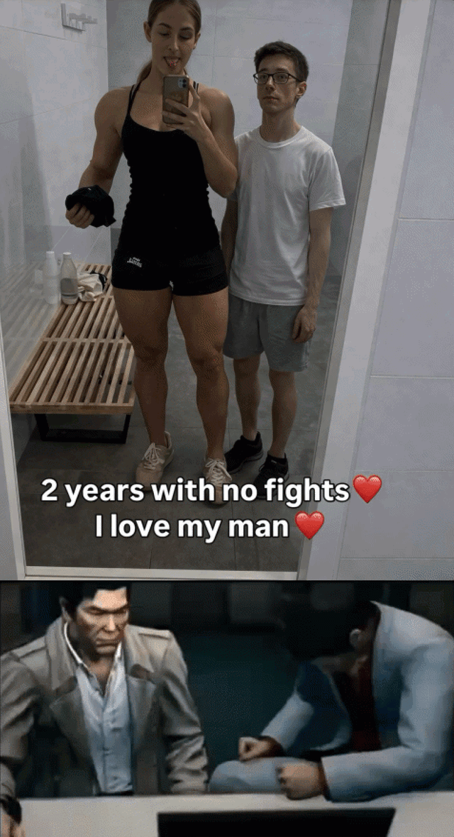 This animated meme opens with a locker room mirror selfie: a highly muscular female bodybuilder stands next to her much smaller, average-build boyfriend, with overlaid text reading '2 years with no fights ❤️ I love my man ❤️'. The animation cuts to a sequence of a man quickly walking down a hallway and exiting through a door, emphasizing the unspoken joke: there have been no fights not because the couple is perfectly conflict-free, but because the boyfriend knows better than to fight his much physically stronger girlfriend, and always walks away to avoid any confrontation. The joke plays on the reversed gender dynamic of physical strength in a heterosexual relationship, creating humor through subverted expectations.