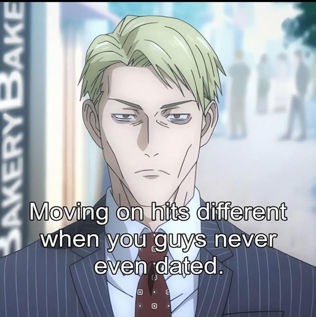 This meme uses a screenshot of the character Kento Nanami from the anime Jujutsu Kaisen, who displays a deadpan, tired, jaded, unimpressed facial expression. Overlaid on the image is text that reads "Moving on hits different when you guys never even dated.". The meme references the uniquely awkward, frustrating, and often overlooked pain of getting over someone you had strong feelings for, but never had an official romantic relationship with, such as an unrequited crush or a situationship, making the grief feel less valid or harder to explain to other people. The character's exhausted, world-weary expression perfectly complements the relatable, frustrated sentiment of the text.