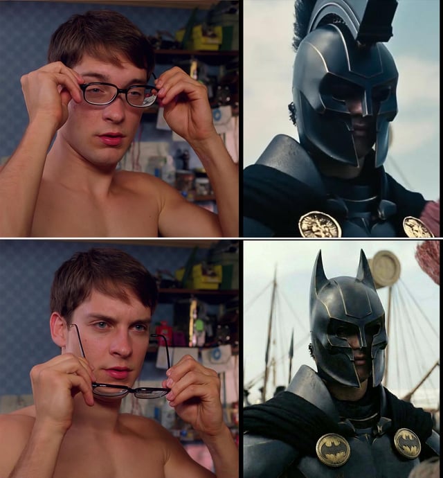 A four-panel collage meme. Top-left: A shirtless man with short brown hair adjusts black-rimmed glasses, standing in a room with cluttered shelves. Top-right: A figure in dark metallic armor with a spiked helmet and gold circular emblems on the chest, set against a clear sky. Bottom-left: The same man from the top-left panel removes his glasses, displaying a more determined expression. Bottom-right: A figure wearing a black Batman-like cowl with bat ears, standing in front of ship masts, with a serious demeanor. The meme humorously references the 'glasses as disguise' trope (popularized by Clark Kent/Superman) by implying removing glasses transforms the man into a superhero, blending elements of Superman's glasses disguise and Batman's imagery.