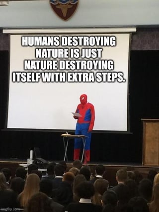This meme uses the popular 'Spider-Man giving a presentation' template: a real person in a full Spider-Man costume stands at a podium in front of a seated audience, presenting on a projector screen. The text displayed on the screen reads: **'HUMANS DESTROYING NATURE IS JUST NATURE DESTROYING ITSELF WITH EXTRA STEPS.'** The humor comes from the absurd contrast between the fictional superhero character delivering a philosophical, environmental-themed take, paired with the formal presentation setting. The joke frames human-caused environmental damage as an extension of nature's own processes, adding a satirical, thought-provoking layer to the silly visual of Spider-Man in an academic-style setting.