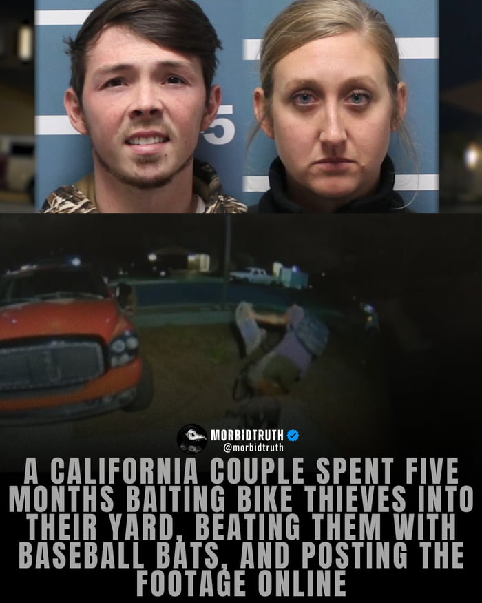 This collage meme is split into three sections: the top left and right show police booking mugshots of a California man and woman respectively, positioned against a standard police height measurement backdrop. The lower section displays dark, grainy night surveillance footage showing an orange car on the left and a person lying prone on the ground on the right, identified as an alleged bike thief attacked by the couple. Large white text over the bottom of the image explains that the couple spent 5 months luring bike thieves onto their property, assaulting them with baseball bats, and posting the attack footage online, leading to their own arrest. The meme is paired with the title 'FAFO :)' (Fuck Around and Find Out), which applies ironically to both the thieves facing consequences for theft and the couple facing legal repercussions for their illegal vigilante violence.