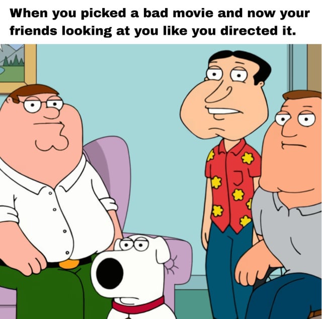 This is a relatable reaction meme using a screenshot from the adult animated sitcom *Family Guy*. Text at the top of the image reads "When you picked a bad movie and now your friends looking at you like you directed it." The visual depicts Peter Griffin and Brian the dog staring unimpressed and judgmentally at Glenn Quagmire and Joe Swanson, who look awkward and guilty as if they are the ones responsible for the bad movie, representing the relatable experience of being unfairly judged by friends for selecting a poor quality film, as if the person who chose the movie was responsible for creating it.