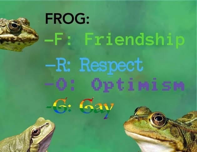 This meme uses a solid light green background, with three cutout photos of real common frogs peeking into the frame from the top left, bottom left, and bottom right corners, all looking toward the central text. The text presents a playful backronym for the word 'FROG': F stands for Friendship in green text, R stands for Respect in light blue text, O stands for Optimism in purple pixelated text, and G stands for Gay rendered in the colors of the LGBTQ+ pride rainbow. It is a lighthearted, wholesome wordplay joke that associates frogs with positive queer values, aligning with the popular internet trend of linking frogs to LGBTQ+ culture.