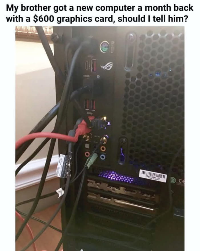 The image depicts the rear view of a computer tower with multiple cables connected to its ports. Prominently displayed is an ASUS ROG logo on the tower. A text overlay at the top reads: 'My brother got a new computer a month back with a $600 graphics card, should I tell him?' The humor lies in the implied scenario where the brother likely invested in an expensive graphics card but may not be utilizing it, as suggested by the cable connections possibly being plugged into the motherboard's integrated graphics ports instead of the dedicated graphics card, rendering the $600 component underused or unused.