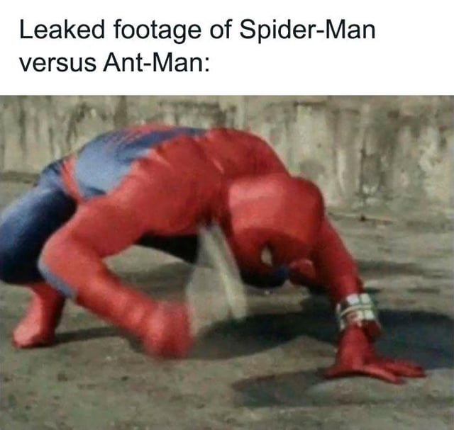 A meme featuring a top text that reads 'Leaked footage of Spider-Man versus Ant-Man:' above a photograph of a person wearing a red and blue Spider-Man costume. The individual is bent over, appearing to hit or interact with a small object on a concrete surface, humorously implying a battle with the tiny Ant-Man. The absurdity of the scenario (Spider-Man fighting an unseen, miniature opponent) creates a comedic effect, typical of superhero parody memes.