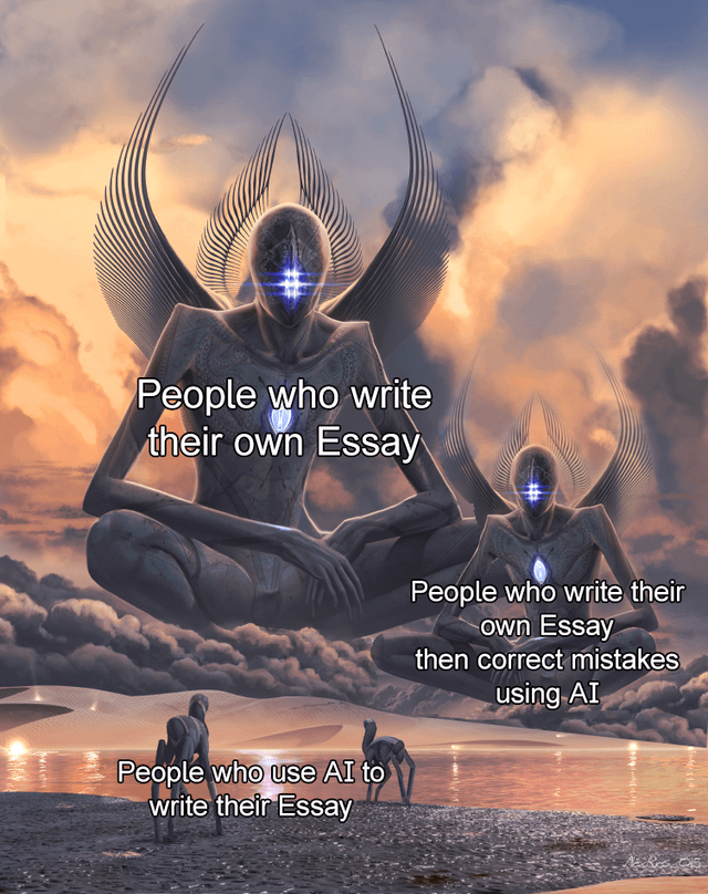 This meme uses a tiered visual of surreal, godlike cosmic angel figures of decreasing size and perceived power to rank different approaches to writing academic essays. The largest, most powerful figure floating highest above the clouds is labeled as people who write their essays completely by themselves, framed as the most impressive, highest status group. The slightly smaller similar floating figure is labeled as people who write their own essays first then use AI only to correct mistakes, considered the second best option. The tiny, weak-looking hunched figures standing on the ground at the bottom of the scene are labeled as people who use AI to write their entire essay, framed as the lowest status, least impressive group. The joke exaggerates the perceived superiority of doing essay work fully manually over using AI assistance.