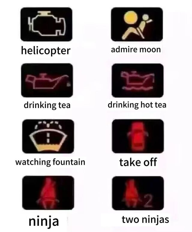 A meme image structured in a 4x2 grid, featuring 8 icons with corresponding text labels. Each icon is simple, with some in black, yellow, or red. The labels include 'helicopter' (black icon), 'admire moon' (yellow icon of a person and moon), 'drinking tea' (red teacup icon), 'drinking hot tea' (red teacup icon, possibly with steam), 'watching fountain' (black and yellow fountain icon), 'take off' (red vehicle/takeoff icon), 'ninja' (red ninja silhouette), and 'two ninjas' (red ninja silhouettes with a '2'). The humor lies in the literal or slightly absurd pairing of visual icons with descriptive labels, creating a lighthearted and funny effect.