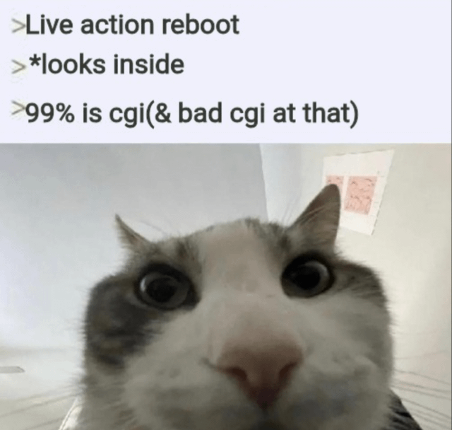This two-part meme features text at the top complaining about modern live-action media reboots, paired with a close-up reaction image of a shocked cat at the bottom. The text complains that after looking into a marketed 'live action reboot', you find 99% of the content is CGI, and it is bad quality CGI at that. This expresses common fan frustration that studios market content as 'live action' but almost the entire product is low-quality, poorly executed CGI. The cat's wide, stunned eyes perfectly convey shocked disbelief at this reveal, making the complaint funny and relatable to media fans.